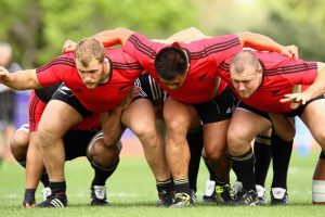 AUCKLAND, NEW ZEALAND - OCTOBER 14: (L-R)Owen Franks, Keven Mealamu and Tony Woodock pack down for the scrum during a New Zealand All Blacks IRB Rugby World Cup 2011 training session at Trusts Stadium on October 14, 2011 in Auckland, New Zealand. (Photo by Phil Walter/Getty Images)