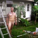 workman naked in garden