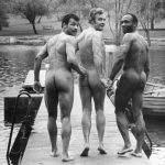 Boxers John Conteh and Bunny Johnson with manager George Francis about to take a swim in Highgate Ponds 1974