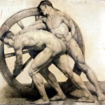 Art  Study of Two Males With a Wheel. 1906. William Macarthur. Glasgow School of Art. pencil on paper