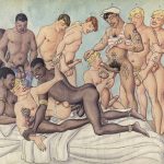 Homoerotic German postcard fucking orgy art